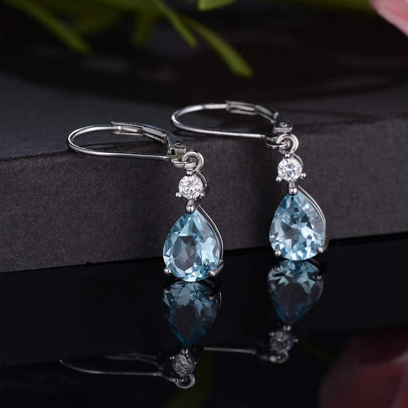 VOLUKA 925 Sterling Silver 7 * 9mm Blue Topaz Teardrop Leverback Earrings Drop Dangly Gemstone Dangle Earrings Hypoallergenic Jewelry Birthday Gifts for Women - Image 5